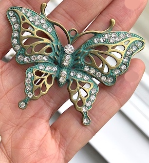 Pendant, patina, 48x63mm butterfly with rhinestone. ea
