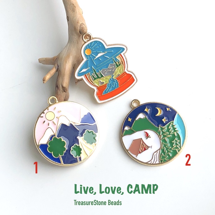 Charm / Pendant, 27mm mountain, trees, 1, gold, Enamel. ea