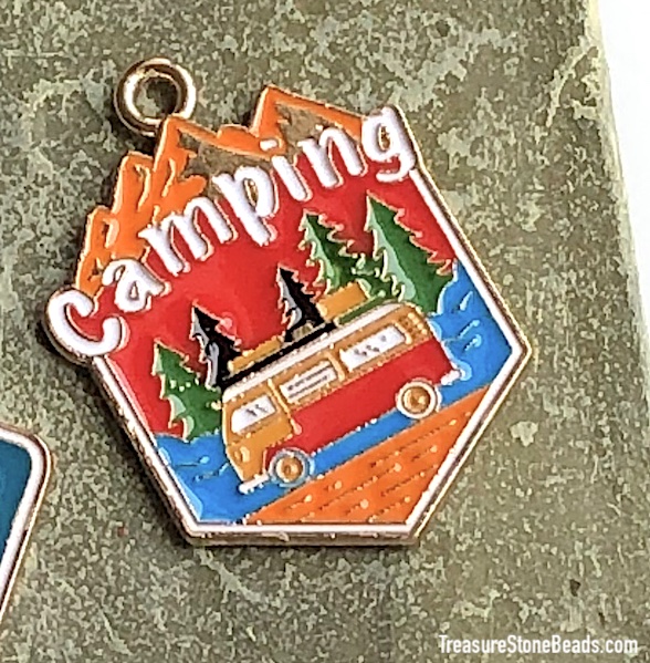 Charm / Pendant, 20x25mm camper van, camping, gold, Enamel. ea