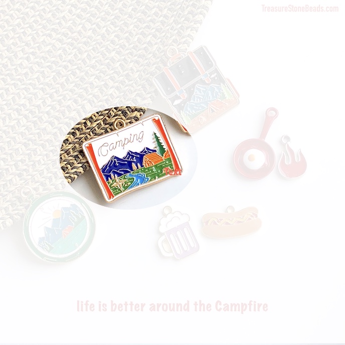 Charm / Pendant, 24x30mm mountain, camping, gold, Enamel. ea