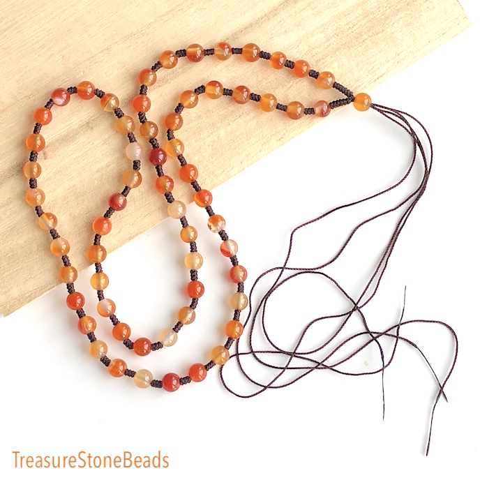 Carnelian Knotted beaded necklace cord, 22 inch,6mm round, 62pcs