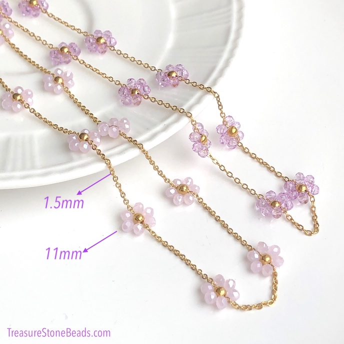 Chai,stainless steel,1.5mm,gold plated, 11mm pink flowers. 1m