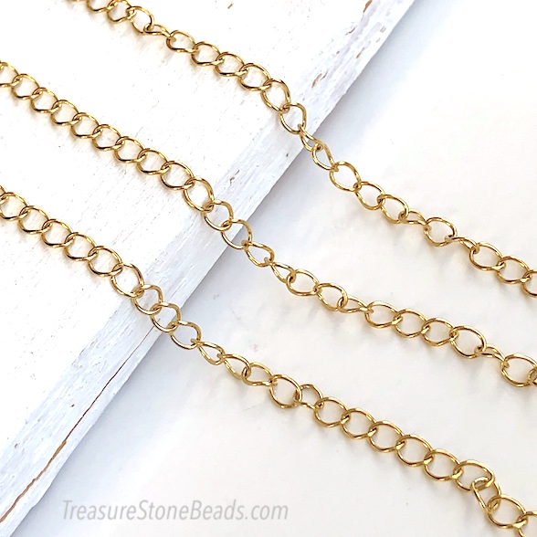 Chain, stainless steel, gold plated, 4x5mm oval extention. 1 m