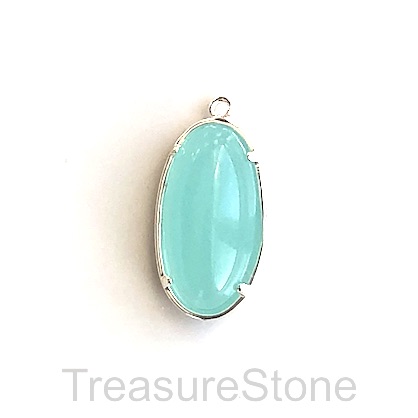 Charm, silver-plated, 11x22mm oval, amazonite glass. Each