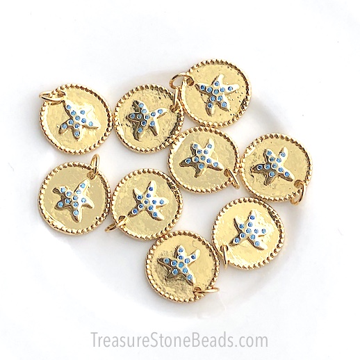 Pave Charm, brass, 14mm gold starfish, turquoise CZ. Ea