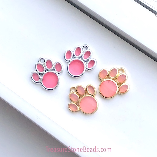 Charm / Pendant, 17mm pink paw, silver, Enamel. pack of 3