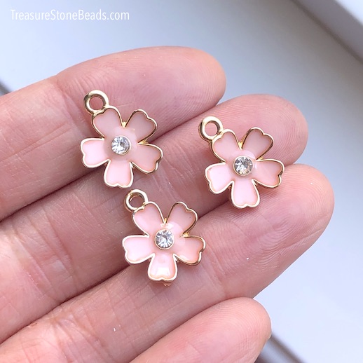 Charm / Pendant, 12mm pink flower, gold rhinestone, Enamel. 3pcs