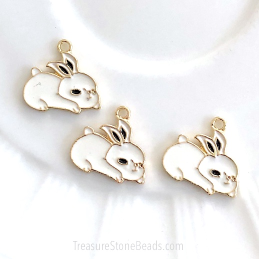 Charm / Pendant, 14x18mm white rabbit/bunny, gold, Enamel. 2pcs