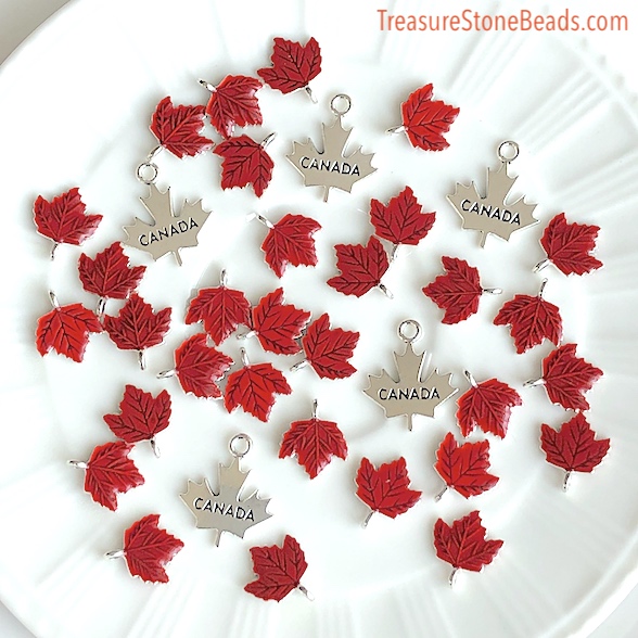 Charm,pendant,enamel,14mm red maple leaf,silver,double sides,2pc