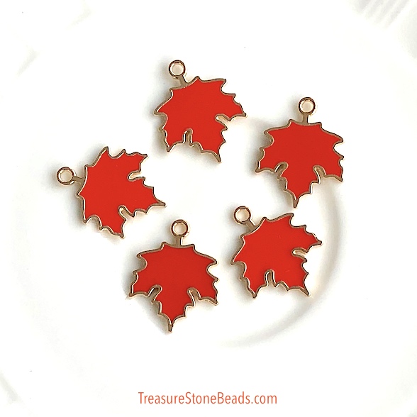 Charm,pendant,enamel,14mm red maple leaf,gold,one side,3pc