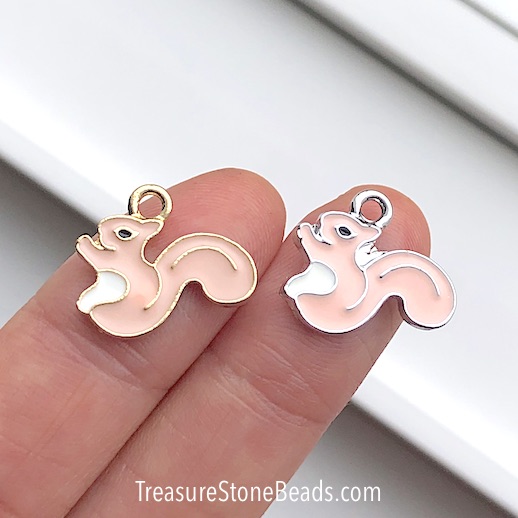 Charm / Pendant, 12x18mm pink squirrel, silver,Enamel. pack of 3