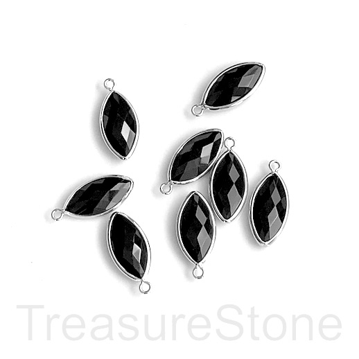 Charm, pendant, glass, 8x15mm black, silver faceted eye.3pc