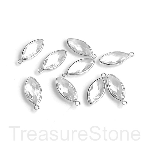 Charm, pendant, glass, 8x15mm clear, silver faceted eye.3pc
