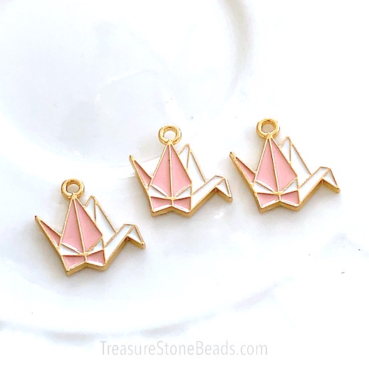 Charm / Pendant, 14x18mm pink paper crane, gold, Enamel. 3pcs
