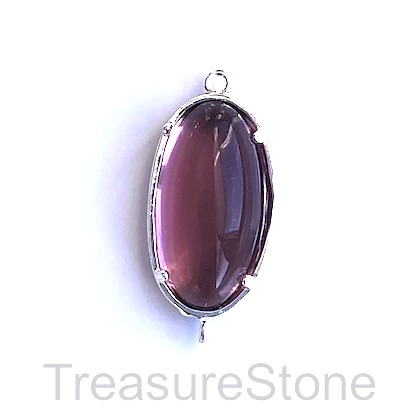 Charm, connector, silver-plated,11x22mm oval, purple glass. Each