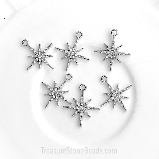 Charm / Pendant, 18mm star, clear rhinestone, silver. 3pcs