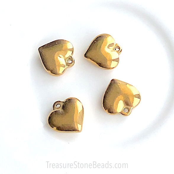 Charm, pendant, stainless steel, 12mm heart, gold. ea