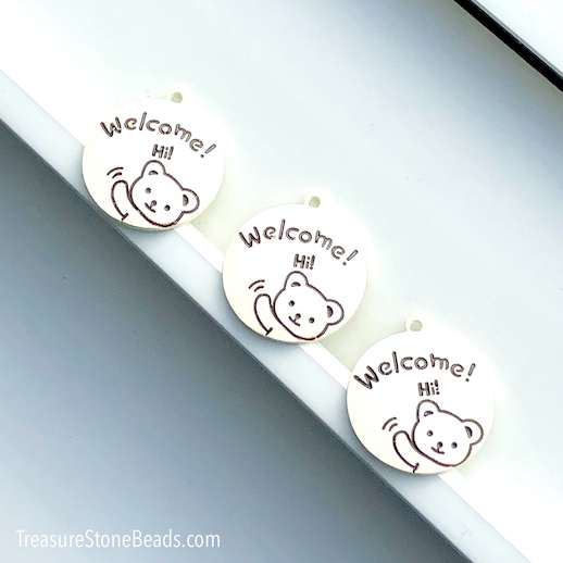 Charm, matte finished, cream, 21mm teddy bear, Welcome. each