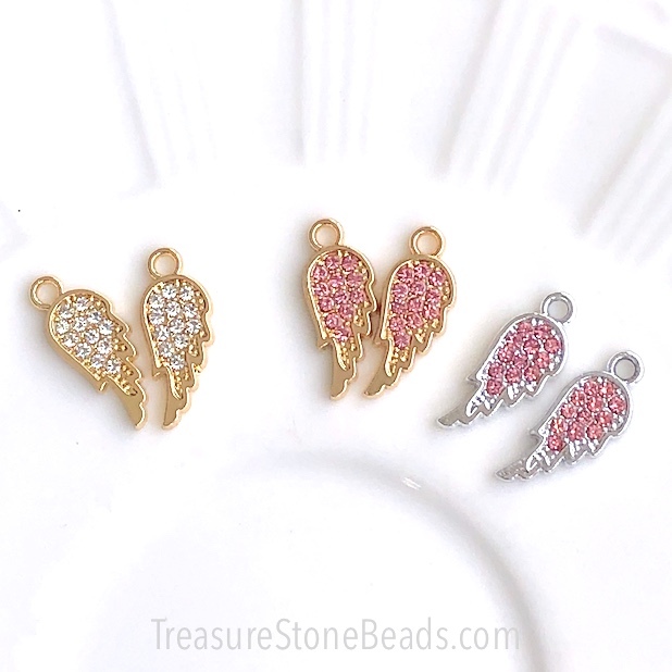Charm / Pendant, 7x15mm wing, clear rhinestone, gold. 3pcs