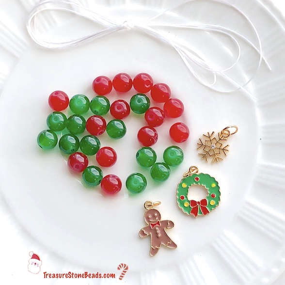 Beading kit, Christmas, 8mm glass beads. 3 gold charms. ea