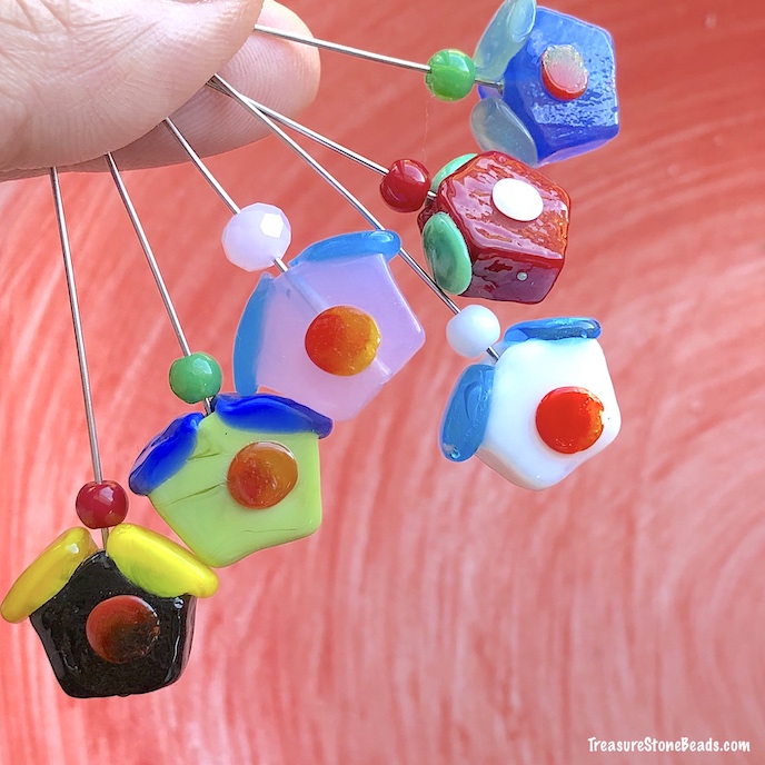 Bead, lampwork glass, christmas house. 2pcs