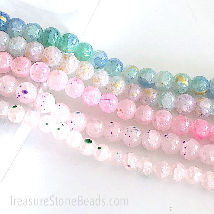 Bead, glass, cracked, light pink, 8mm round, 15", 50pcs