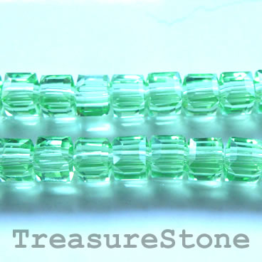 Bead, crystal, green, 6mm cube, 11-inch