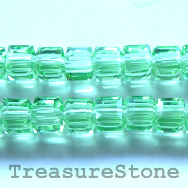 Bead, crystal, green, 8mm cube, 14-inch