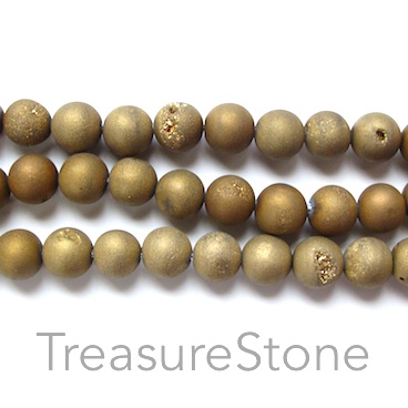 Bead, Druzy Agate (e-plated), gold, 6mm round. 15.5-inch.