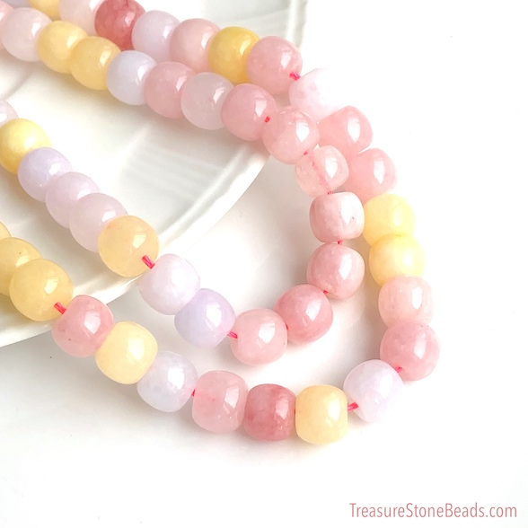 Bead, dyed jade, pink peach yellow, 9x10mm drum. 15-inch, 42pcs