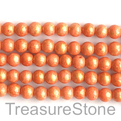 Bead, jade (dyed), orange, gold foil, 8mm round, 16-inch, 52pcs