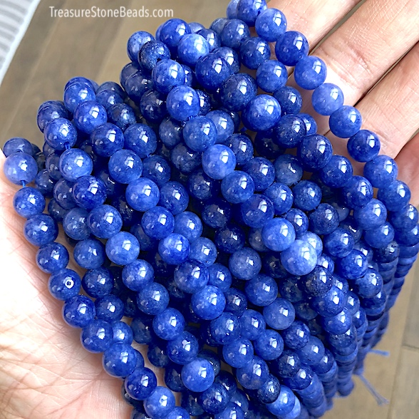Bead, dyed jade, kyanite blue colour, 8mm round. 14.5"/ 47pcs