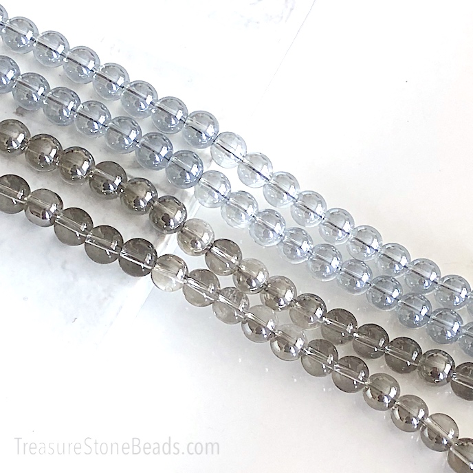 Bead, glass, smoky plated clear, 8mm round, 30", 100pcs