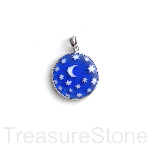 Charm, Pendant, glass, 20mm blue moon, stars. Sold individually.
