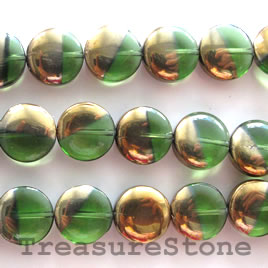 Bead, glass, green, 12mm coin. 24pcs