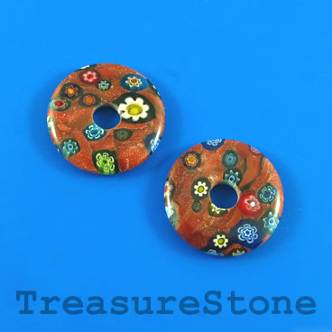 Bead, pendant, brown flower goldstone, 25mm disc donut. each