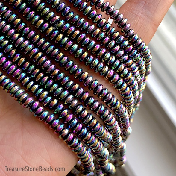Bead, hematite (manmade), 4mm disc, rainbow. 15.5-inch, 175pcs
