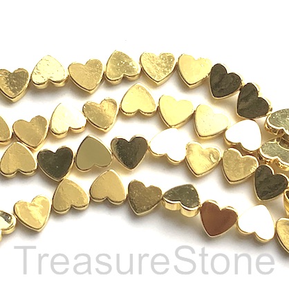 Bead, hematite, cross drilled flat heart, 8mm, bright gold.50pcs