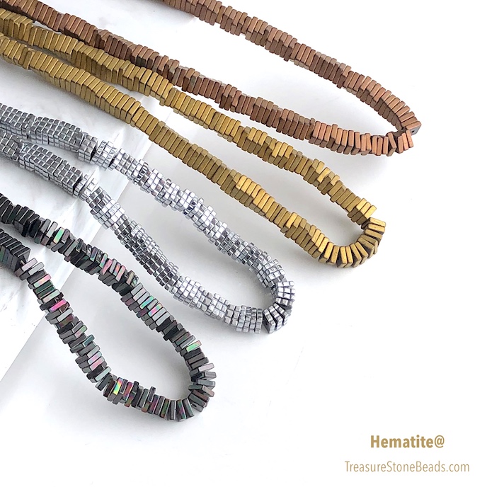 Bead, hematite (manmade),1x4mm square disc, black AB.15.5"