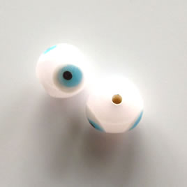 Bead, lampworked glass, white, 10mm round, evil eye. Pkg of 6