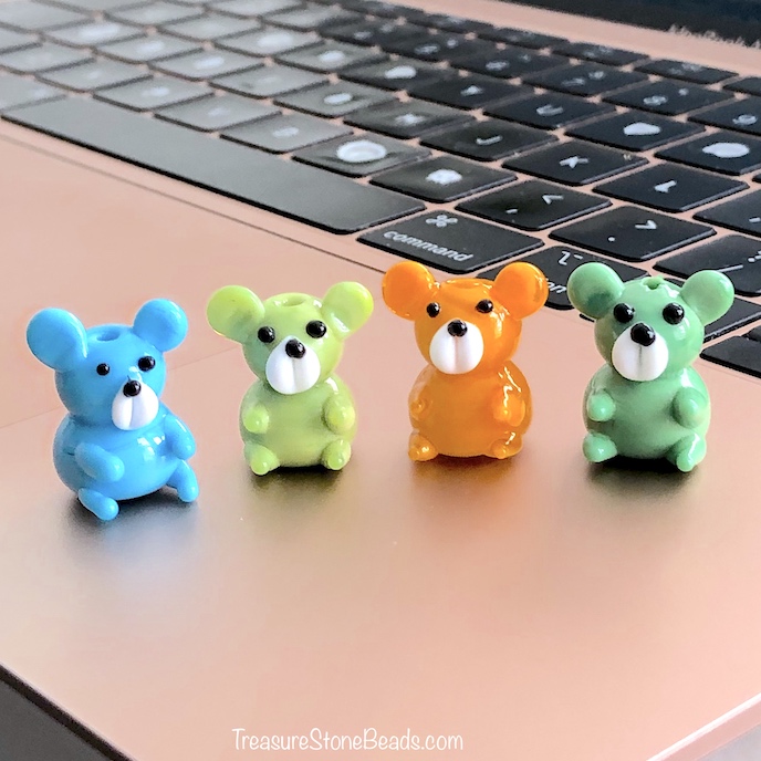 Bead, lampwork glass, handmade, 17x19mm orange teddy bear .ea