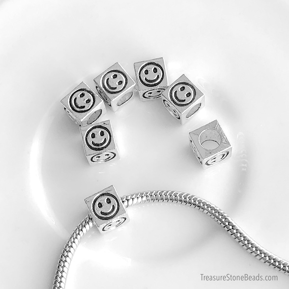 Bead, silver, happy face, 7.5mm cube spacer, large hole, 5mm. 10