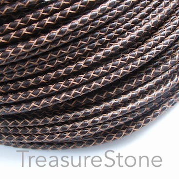 Cord, leather, braided round, brown, 3mm. 1 meter