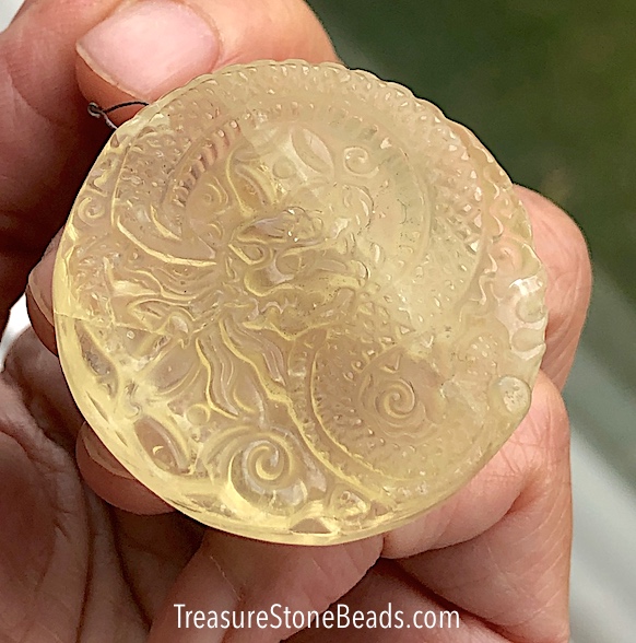 Pendant, lemon quartz, 38mm, hand carved dragon. Each