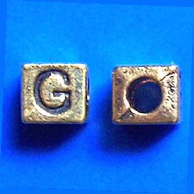 Bead, antiqued gold-finished, 7x6mm Letter G. Pkg of 10.
