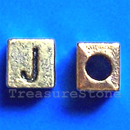 Bead, antiqued gold-finished, 7x6mm Letter J. Pkg of 10.