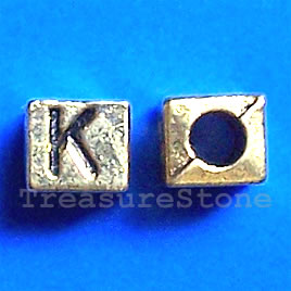 Bead, antiqued gold-finished, 7x6mm Letter K. Pkg of 10.