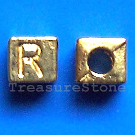 Bead, antiqued gold-finished, 7x6mm Letter R. Pkg of 10.