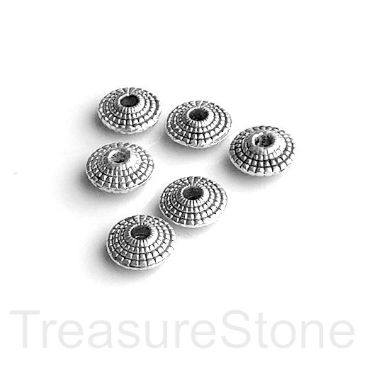 Bead, antiqued silver-finished, 4x8mm saucer spacer. Pkg of 15.