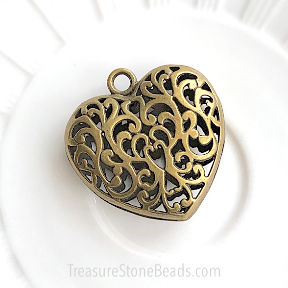 Pendant, brass colour pewter, 48mm filigree heart. Each.
